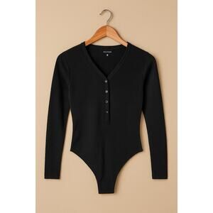 DKNY Black Ribbed Henley Long-Sleeve Bodysuit Button Front Size Medium